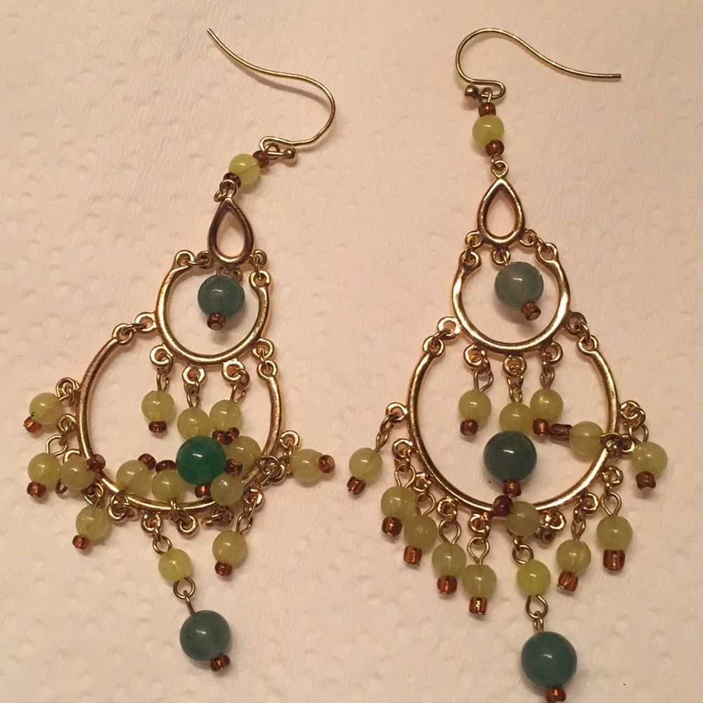 Green Bead Dangle Chandelier Statement Earrings - image 1